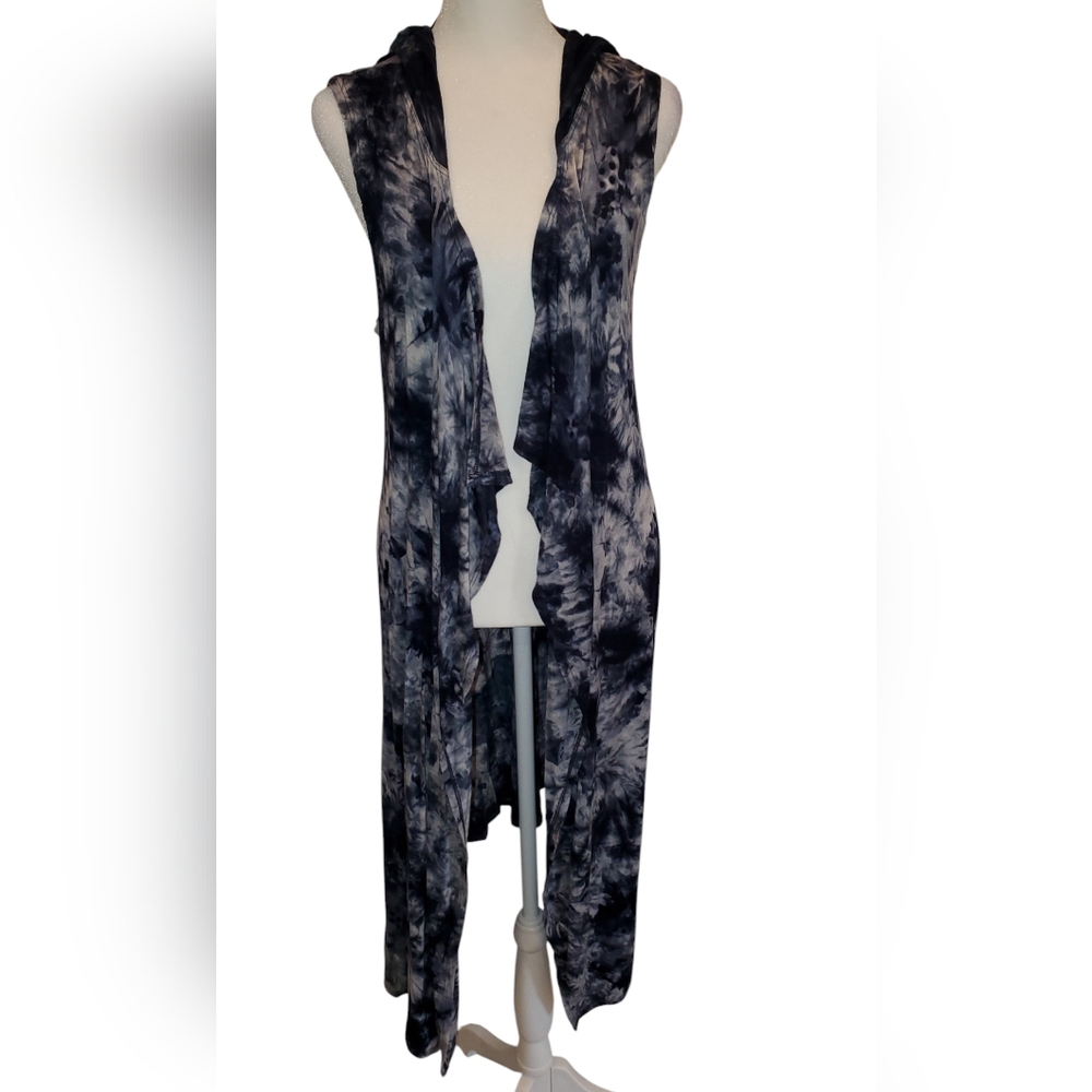 Cotton Innovation Blue Tie Dye Open Front Flyaway Jersey Knit Hoodie Duster Vest
